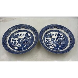 VTG Churchill Blue Willow Pattern Serving Bowl England Chinoiserie 9" Set of 2